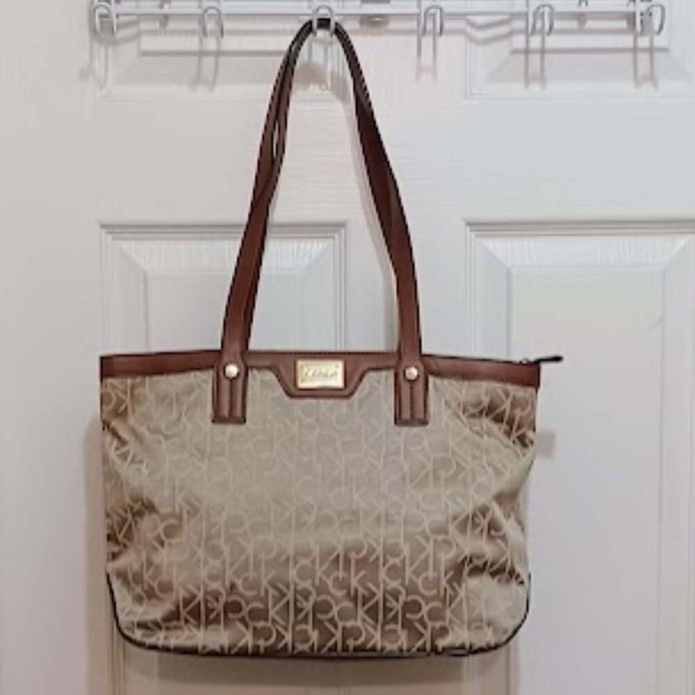 Calvin Klein large brown, tan suede leather shoulder handbag with 7 compartments